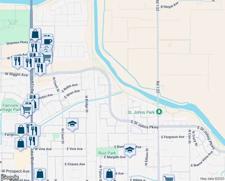 map of restaurants, bars, coffee shops, grocery stores, and more near 2624 East Saint Johns Parkway in Visalia