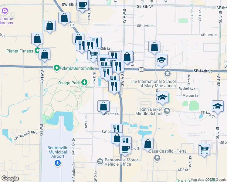 map of restaurants, bars, coffee shops, grocery stores, and more near 1700 South Walton Boulevard in Bentonville