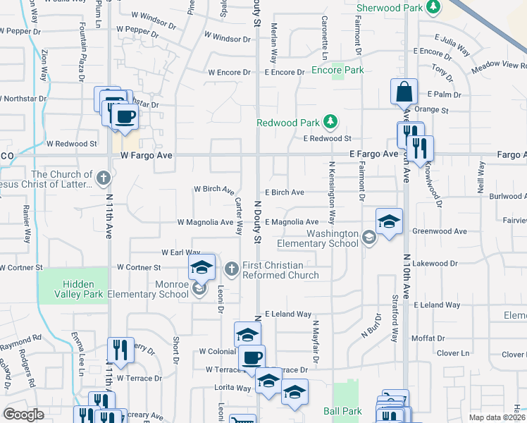 map of restaurants, bars, coffee shops, grocery stores, and more near 130 East Magnolia Avenue in Hanford