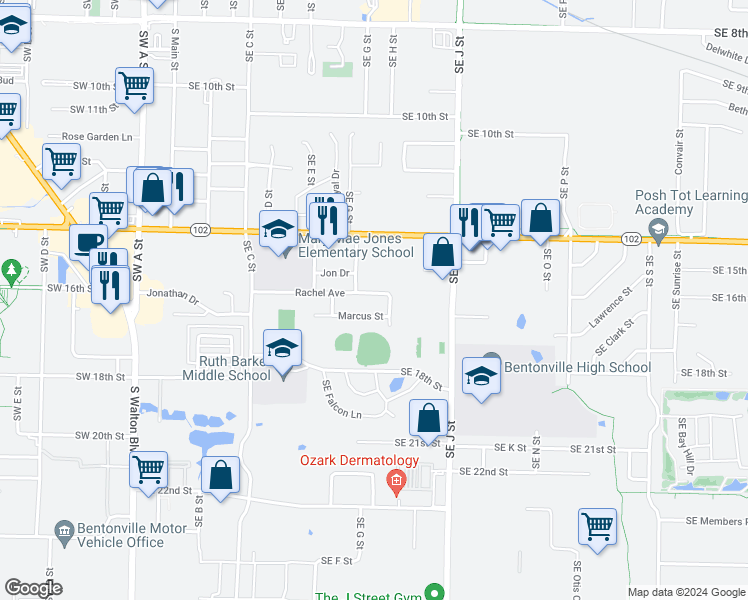 map of restaurants, bars, coffee shops, grocery stores, and more near 906 Rachel Avenue in Rogers