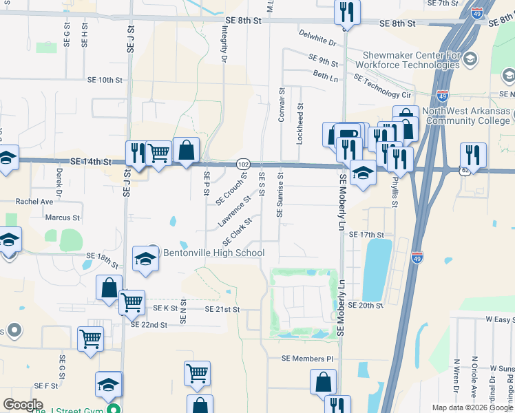 map of restaurants, bars, coffee shops, grocery stores, and more near 1508 Southeast S Street in Bentonville