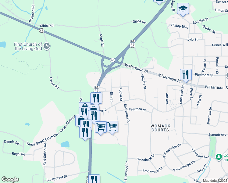 map of restaurants, bars, coffee shops, grocery stores, and more near 1006 Elm Street in Reidsville