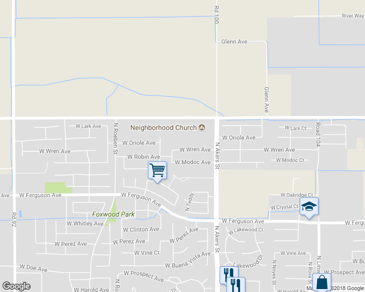 map of restaurants, bars, coffee shops, grocery stores, and more near 5534 West Wren Avenue in Visalia