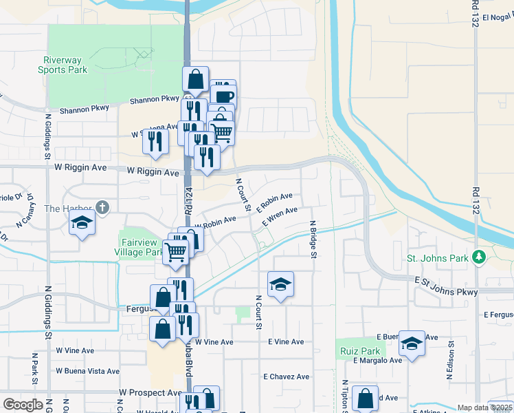 map of restaurants, bars, coffee shops, grocery stores, and more near 122 West Robin Avenue in Visalia