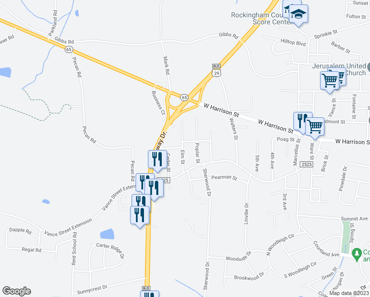 map of restaurants, bars, coffee shops, grocery stores, and more near 1006 Elm Street in Reidsville