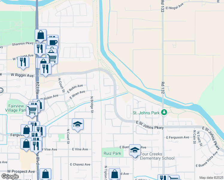 map of restaurants, bars, coffee shops, grocery stores, and more near 2628 North Liberty Street in Visalia