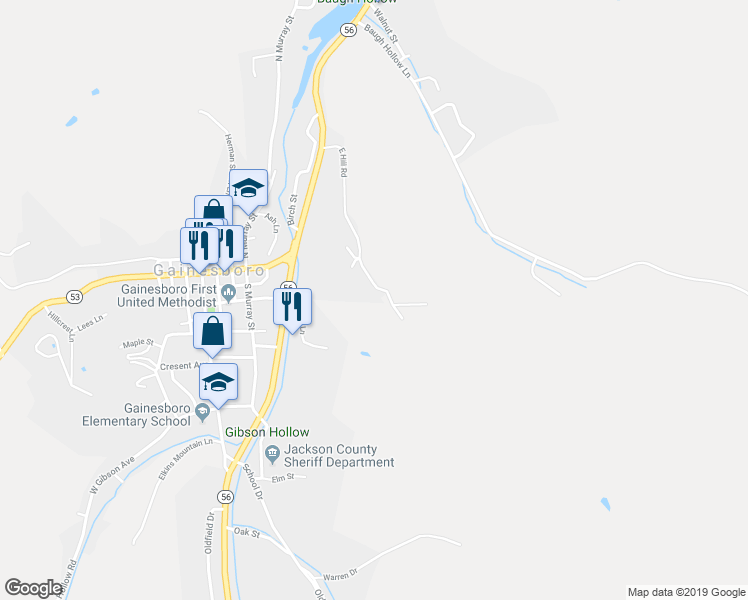 map of restaurants, bars, coffee shops, grocery stores, and more near 308 East Hill Road in Gainesboro