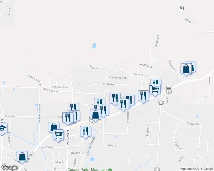 map of restaurants, bars, coffee shops, grocery stores, and more near 1251 Commerce Drive in Mountain Home
