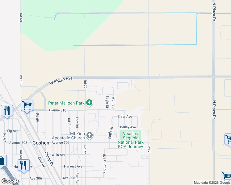 map of restaurants, bars, coffee shops, grocery stores, and more near Avenue 310 in Visalia
