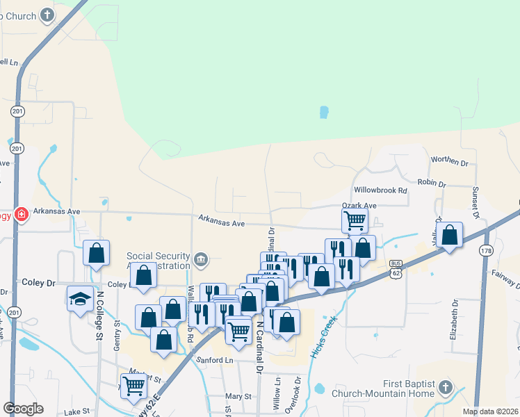 map of restaurants, bars, coffee shops, grocery stores, and more near 2335 East Arkansas Avenue in Mountain Home