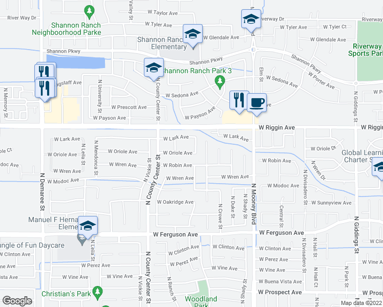 map of restaurants, bars, coffee shops, grocery stores, and more near 2521 West Oriole Avenue in Visalia