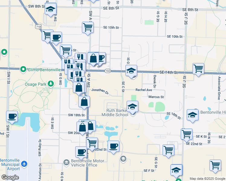 map of restaurants, bars, coffee shops, grocery stores, and more near 219 Winesap Lane in Bentonville
