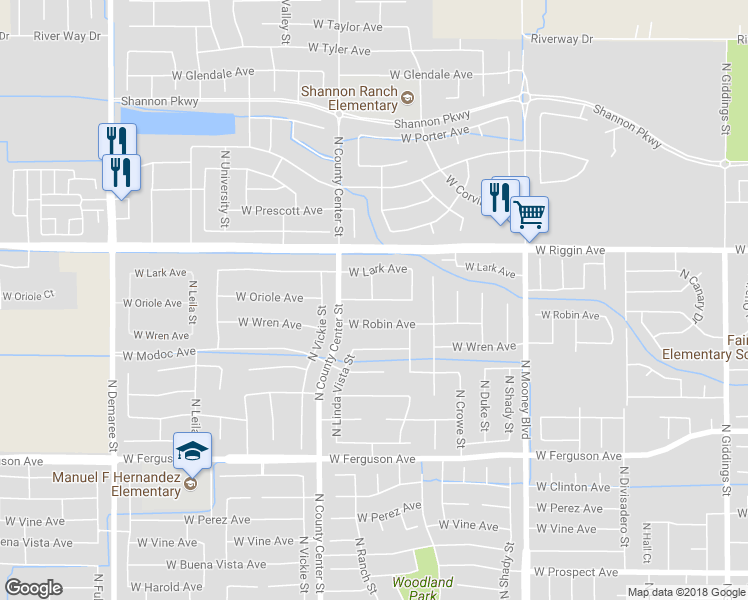 map of restaurants, bars, coffee shops, grocery stores, and more near 2655 West Oriole Avenue in Visalia