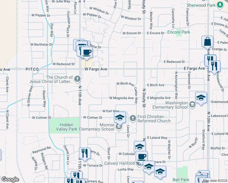map of restaurants, bars, coffee shops, grocery stores, and more near 200-392 West Magnolia Avenue in Hanford