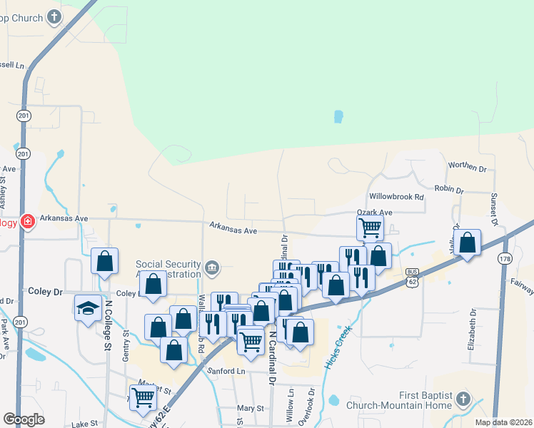 map of restaurants, bars, coffee shops, grocery stores, and more near 2335 East Arkansas Avenue in Mountain Home