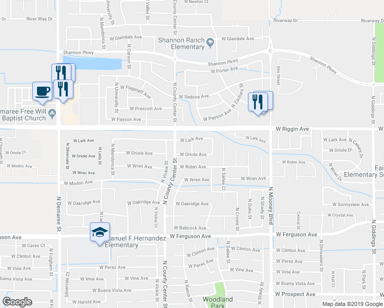 map of restaurants, bars, coffee shops, grocery stores, and more near 2640 West Oriole Avenue in Visalia