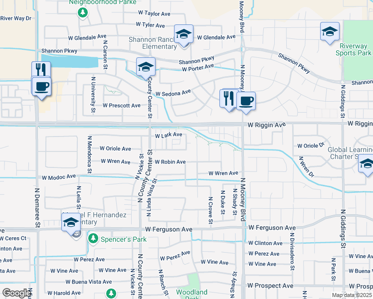 map of restaurants, bars, coffee shops, grocery stores, and more near 2807 North Zachary Street in Visalia