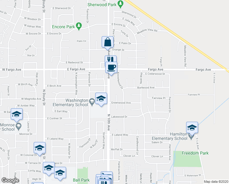map of restaurants, bars, coffee shops, grocery stores, and more near 2320 Lemonwood Court in Hanford