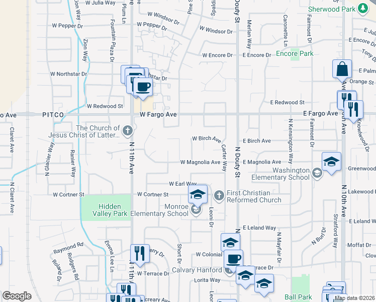 map of restaurants, bars, coffee shops, grocery stores, and more near 200-392 West Magnolia Avenue in Hanford