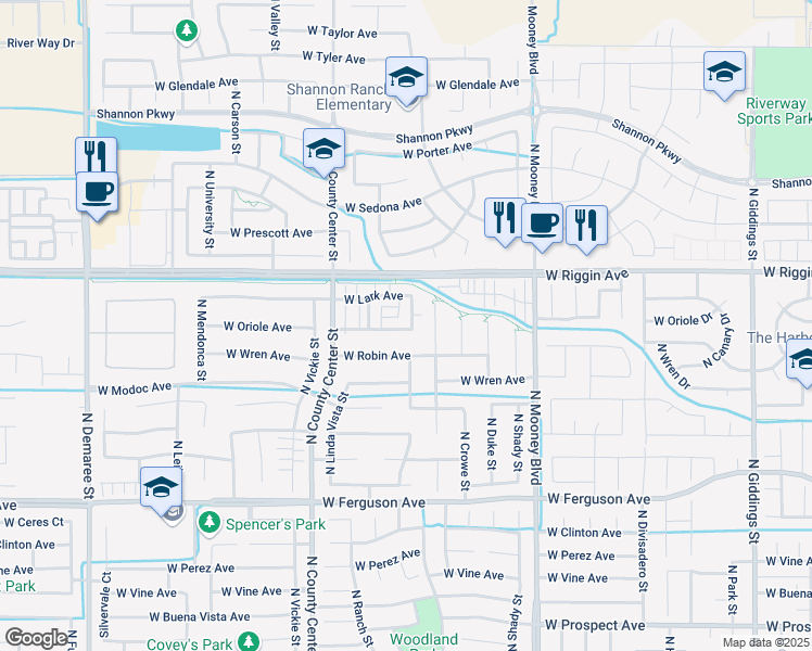 map of restaurants, bars, coffee shops, grocery stores, and more near 2910 North Zachary Street in Visalia