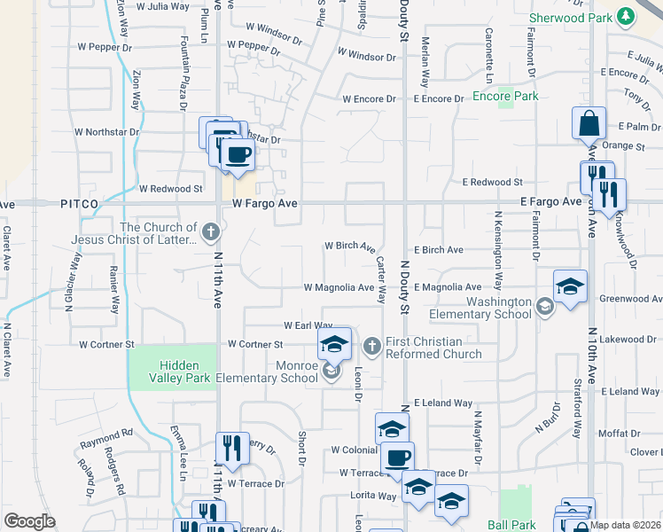map of restaurants, bars, coffee shops, grocery stores, and more near 2376-2598 Michael Circle in Hanford