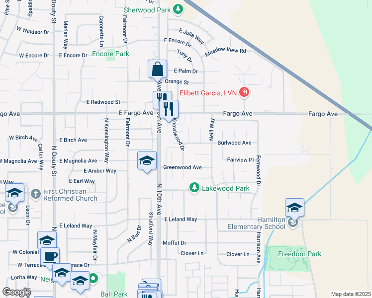 map of restaurants, bars, coffee shops, grocery stores, and more near in Hanford