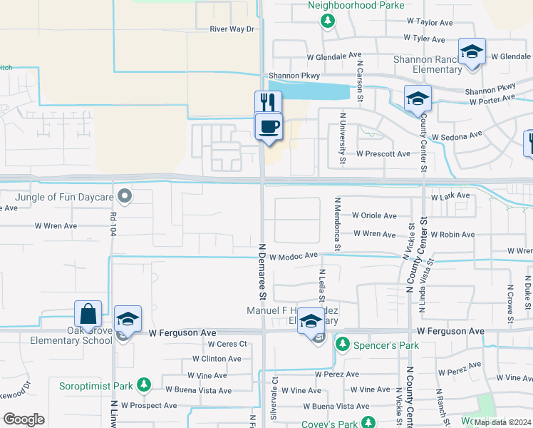 map of restaurants, bars, coffee shops, grocery stores, and more near 2752 West Oriole Avenue in Visalia