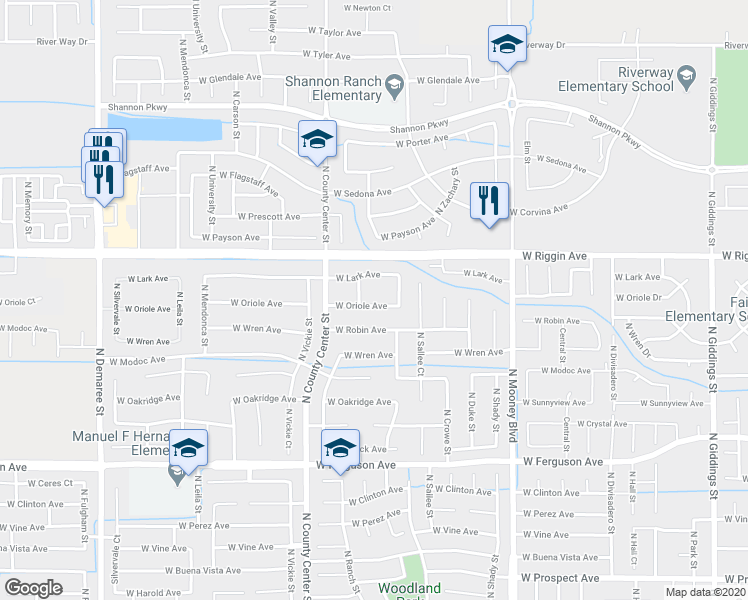 map of restaurants, bars, coffee shops, grocery stores, and more near 2604 West Oriole Avenue in Visalia
