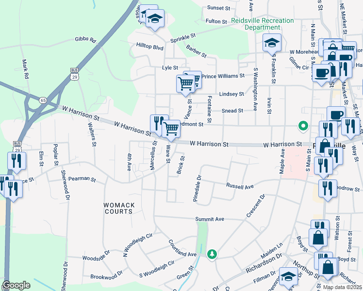 map of restaurants, bars, coffee shops, grocery stores, and more near 736 West Harrison Street in Reidsville