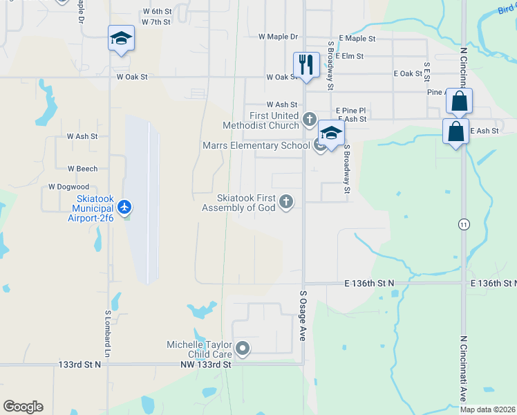 map of restaurants, bars, coffee shops, grocery stores, and more near 1136 South Haynie Street in Skiatook