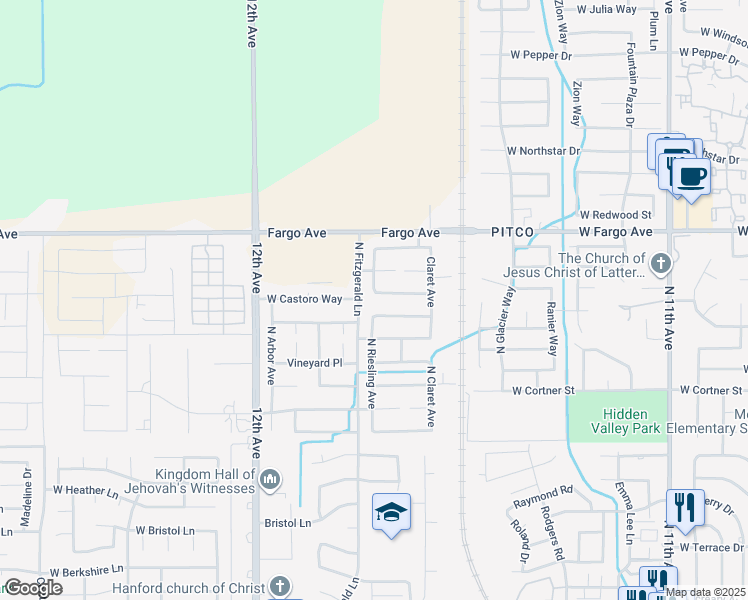 map of restaurants, bars, coffee shops, grocery stores, and more near North Fitzgerald Lane in Hanford