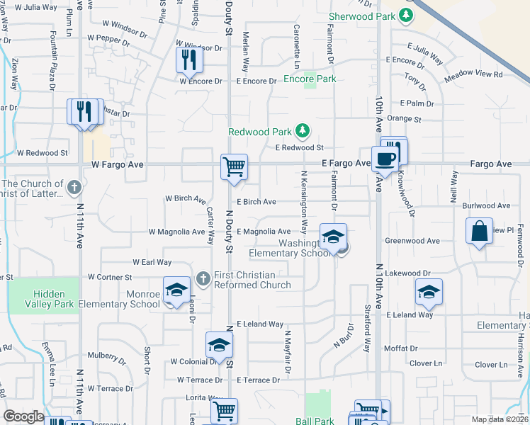 map of restaurants, bars, coffee shops, grocery stores, and more near 170 East Birch Avenue in Hanford