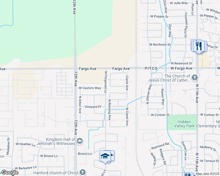 map of restaurants, bars, coffee shops, grocery stores, and more near North Fitzgerald Lane in Hanford