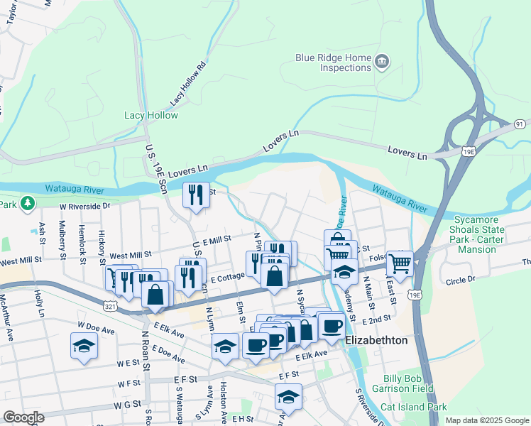 map of restaurants, bars, coffee shops, grocery stores, and more near 608 Locust Street in Elizabethton