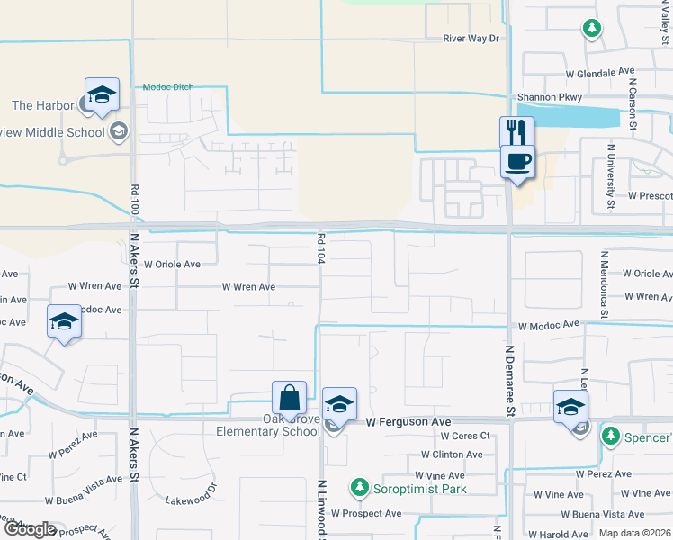 map of restaurants, bars, coffee shops, grocery stores, and more near 4402 West Oriole Court in Visalia