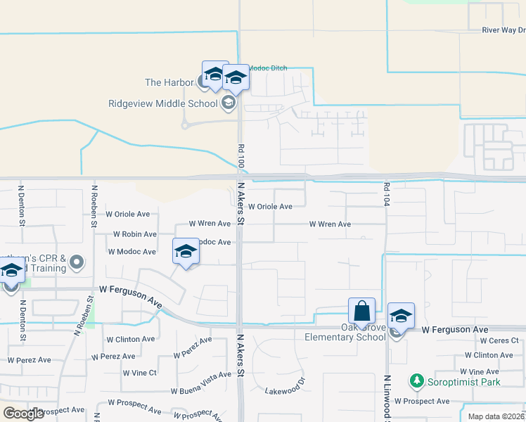 map of restaurants, bars, coffee shops, grocery stores, and more near 5224 West Oriole Avenue in Visalia