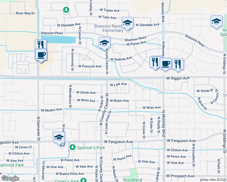 map of restaurants, bars, coffee shops, grocery stores, and more near 2722 West Oriole Avenue in Visalia