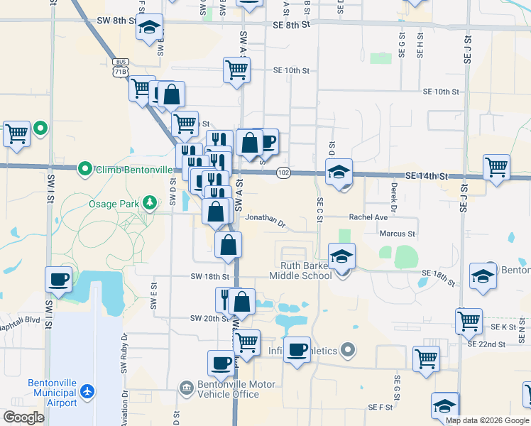 map of restaurants, bars, coffee shops, grocery stores, and more near 207 Jonathan Drive in Bentonville