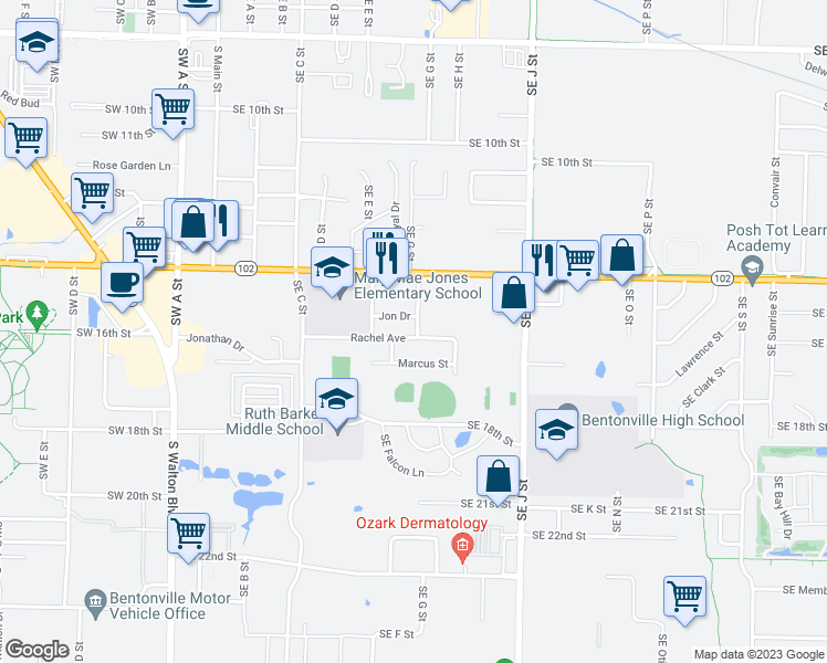 map of restaurants, bars, coffee shops, grocery stores, and more near 813 Rachel Avenue in Rogers