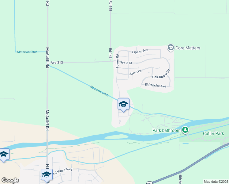 map of restaurants, bars, coffee shops, grocery stores, and more near 31161 Tower Road in Visalia