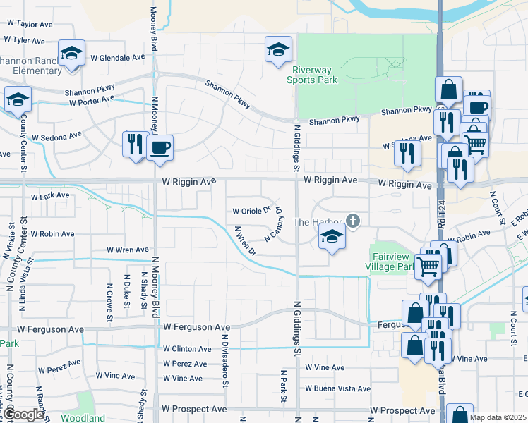 map of restaurants, bars, coffee shops, grocery stores, and more near West Oriole Drive in Visalia