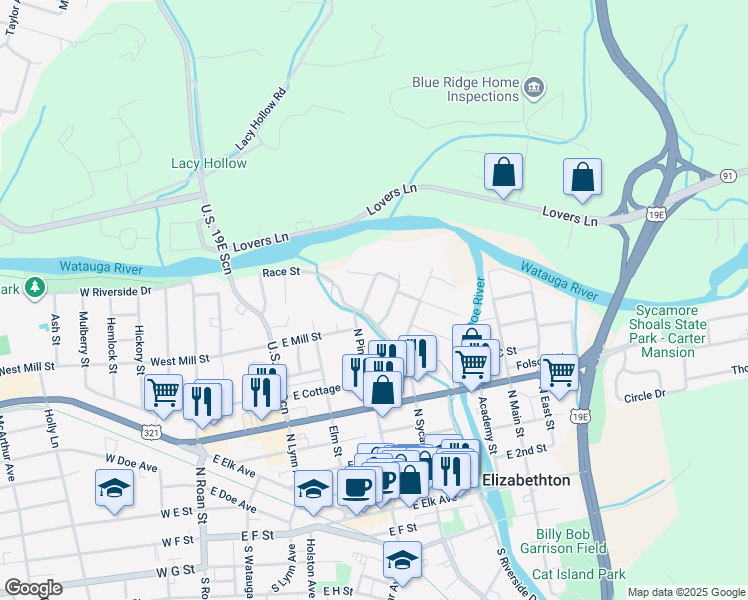 map of restaurants, bars, coffee shops, grocery stores, and more near 608 Locust Street in Elizabethton