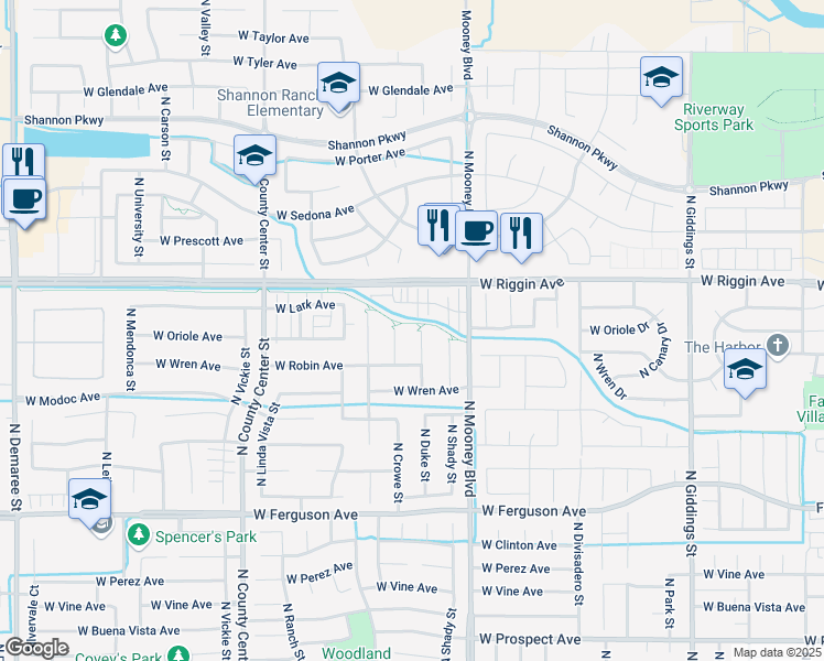 map of restaurants, bars, coffee shops, grocery stores, and more near 2755 North Duke Court in Visalia