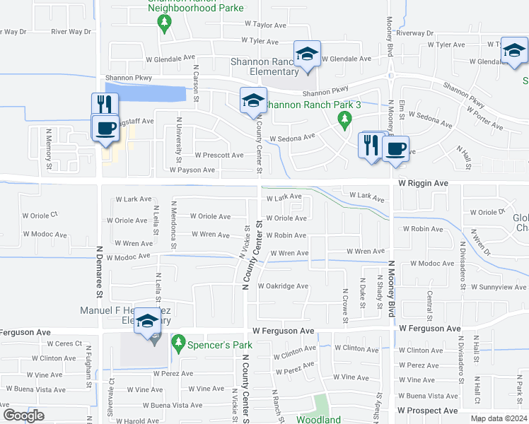 map of restaurants, bars, coffee shops, grocery stores, and more near 2822 North County Center Street in Visalia