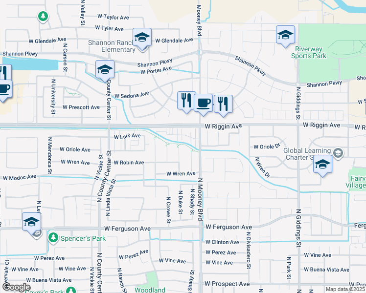 map of restaurants, bars, coffee shops, grocery stores, and more near 2221 West Lark Avenue in Visalia
