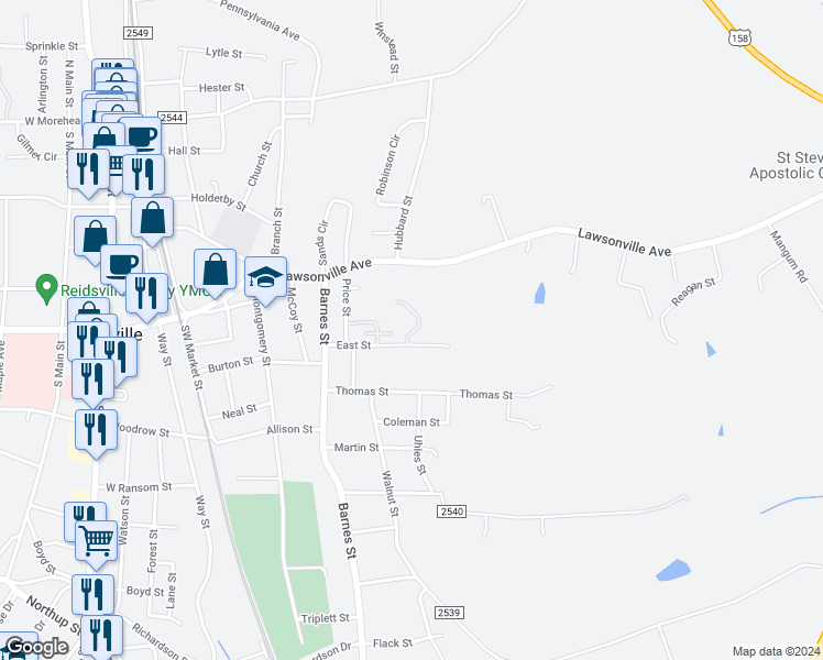 map of restaurants, bars, coffee shops, grocery stores, and more near 624 East Street in Reidsville