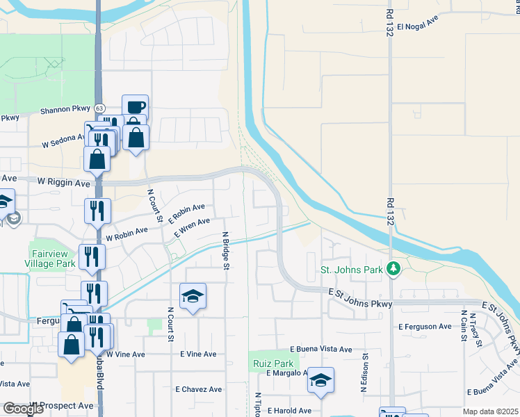 map of restaurants, bars, coffee shops, grocery stores, and more near 2735 N Thomas St in Visalia
