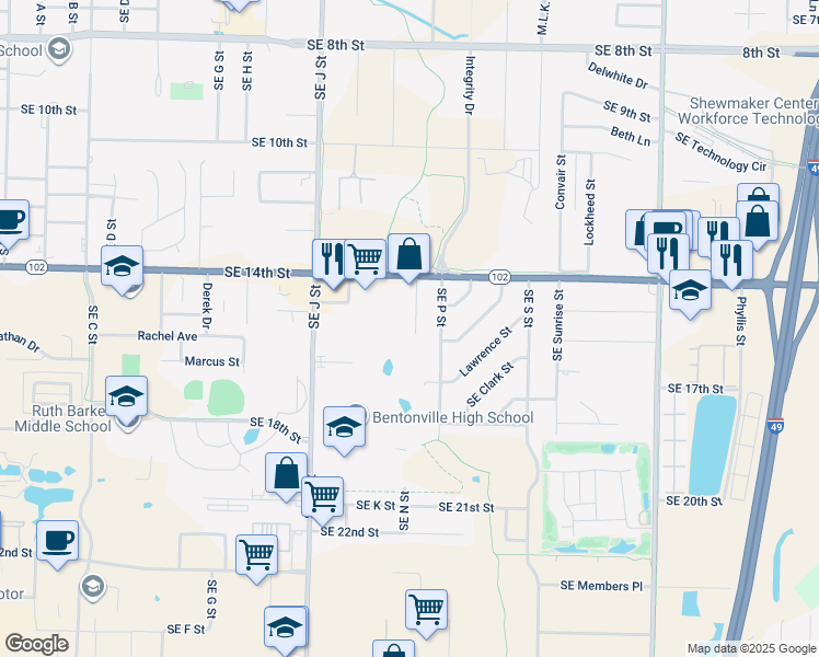 map of restaurants, bars, coffee shops, grocery stores, and more near 1300 Southeast 14th Street in Bentonville