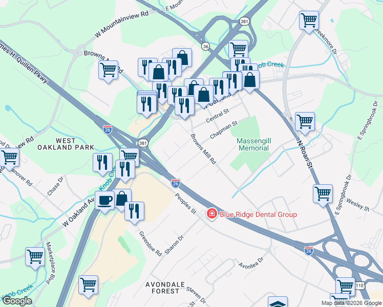 map of restaurants, bars, coffee shops, grocery stores, and more near 2905 Browns Mill Road in Johnson City