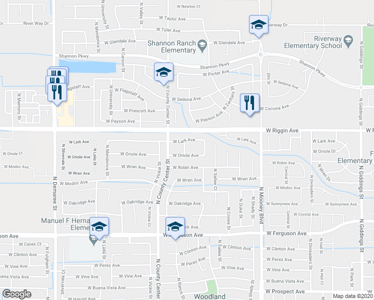 map of restaurants, bars, coffee shops, grocery stores, and more near 2836 North Terrace Street in Visalia